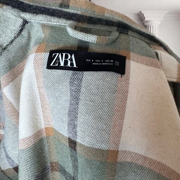 Women's ZARA Patch Pocket Plaid Overshirt (Ecru Green S) - Picture 7 of 7